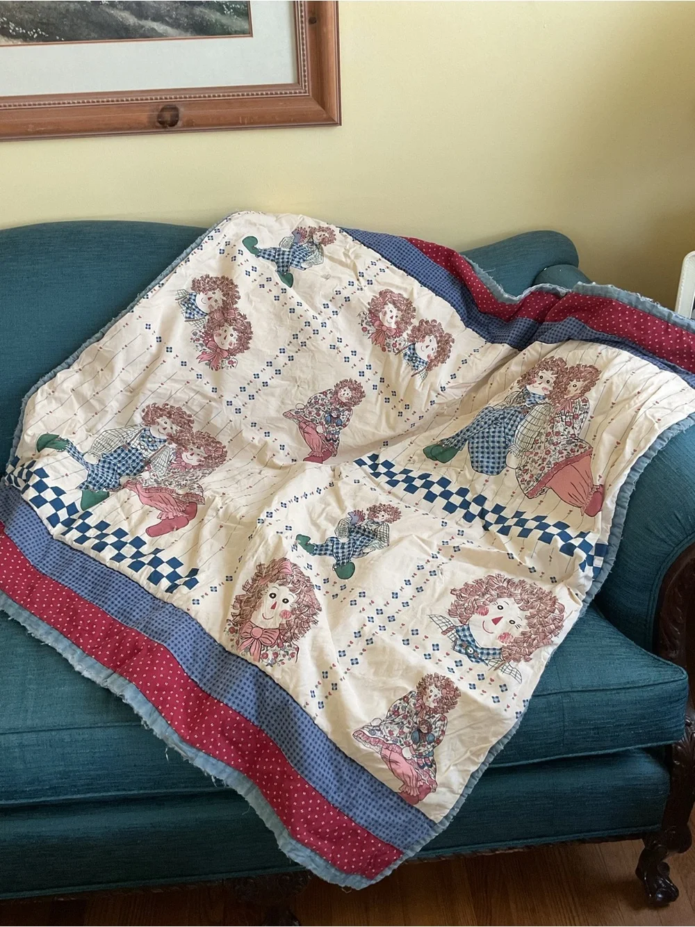 Vintage-Inspired Raggedy Doll Patchwork Throw Blanket - Cream, Red & Blue flawed